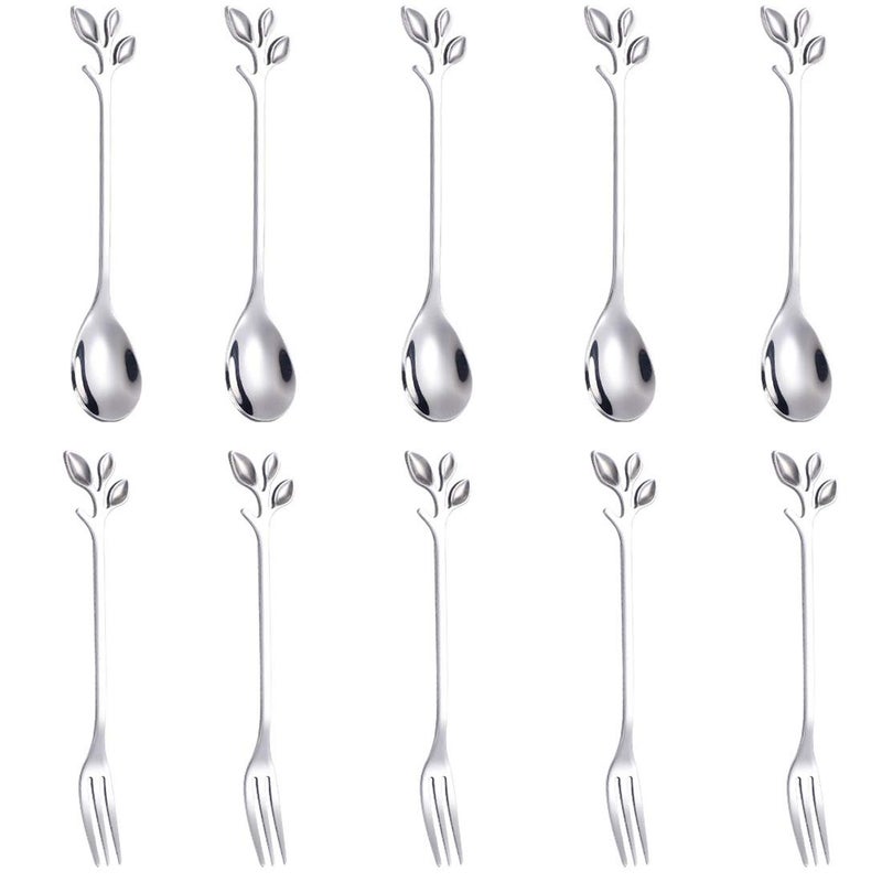AnSaw 10-Pc Silver Mini Spoons & Forks Set, 4.7" - Stainless Steel, Leaf Handle, Ideal for Coffee,Tea, Appetizers, Tastings, Parties, Charcuterie & Cocktails - Image 1